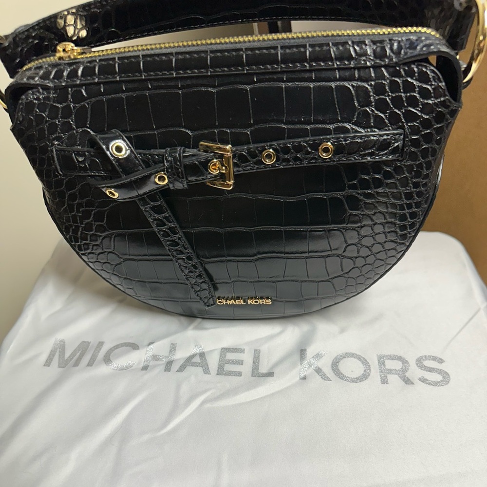 Michael Kors Black Croc-Embossed Shoulder Bag